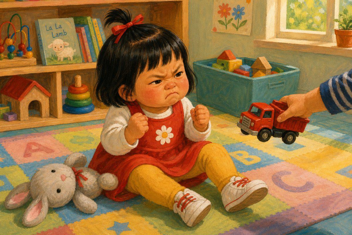 A 2-year-old at daycare feels a big mad when a friend takes her toy truck — the feeling behind toddler biting