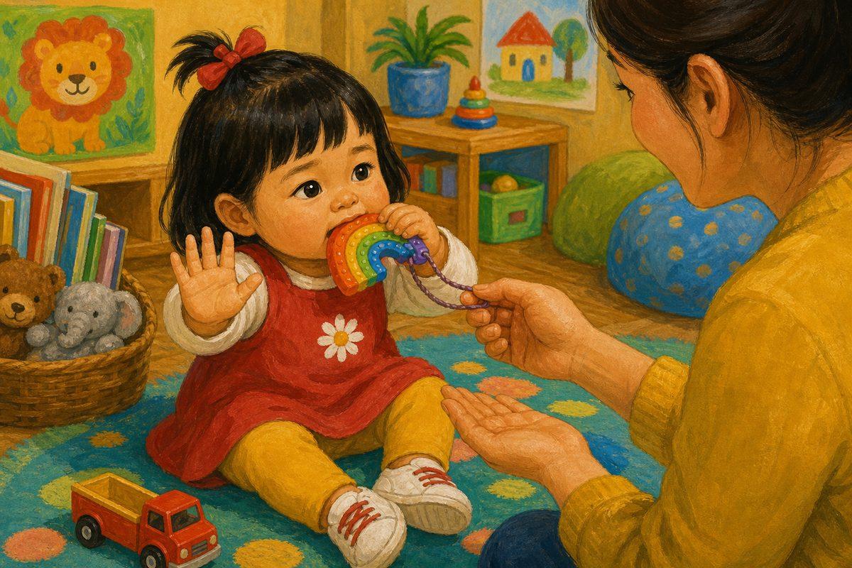 Mina bites her rainbow chew toy instead of a person and holds up a hand to say “stop” — the gentle-teeth replacement in action