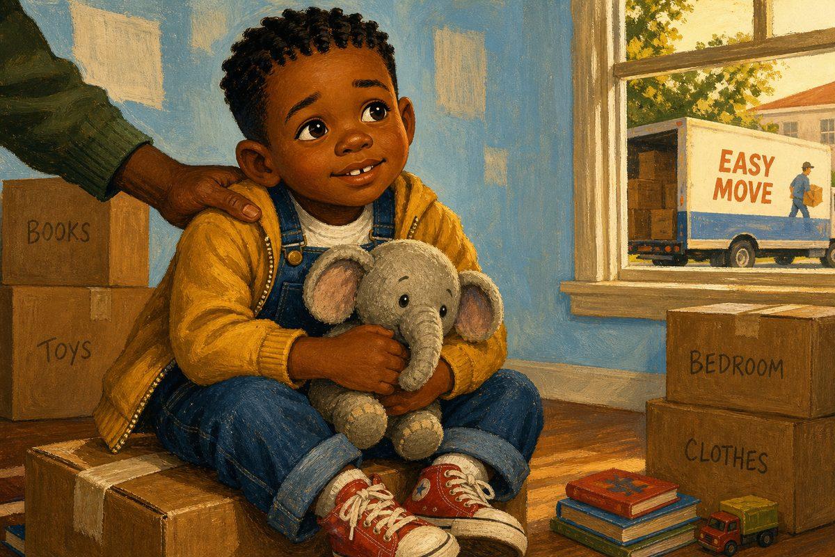 A little boy hugs his stuffed elephant on a moving box in his half-empty bedroom on moving day