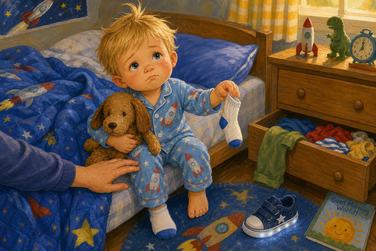 Noah, a sleepy 3-year-old boy in rocket-ship pajamas, sits on his bed holding one sock, stalling at the start of the morning getting-ready routine.