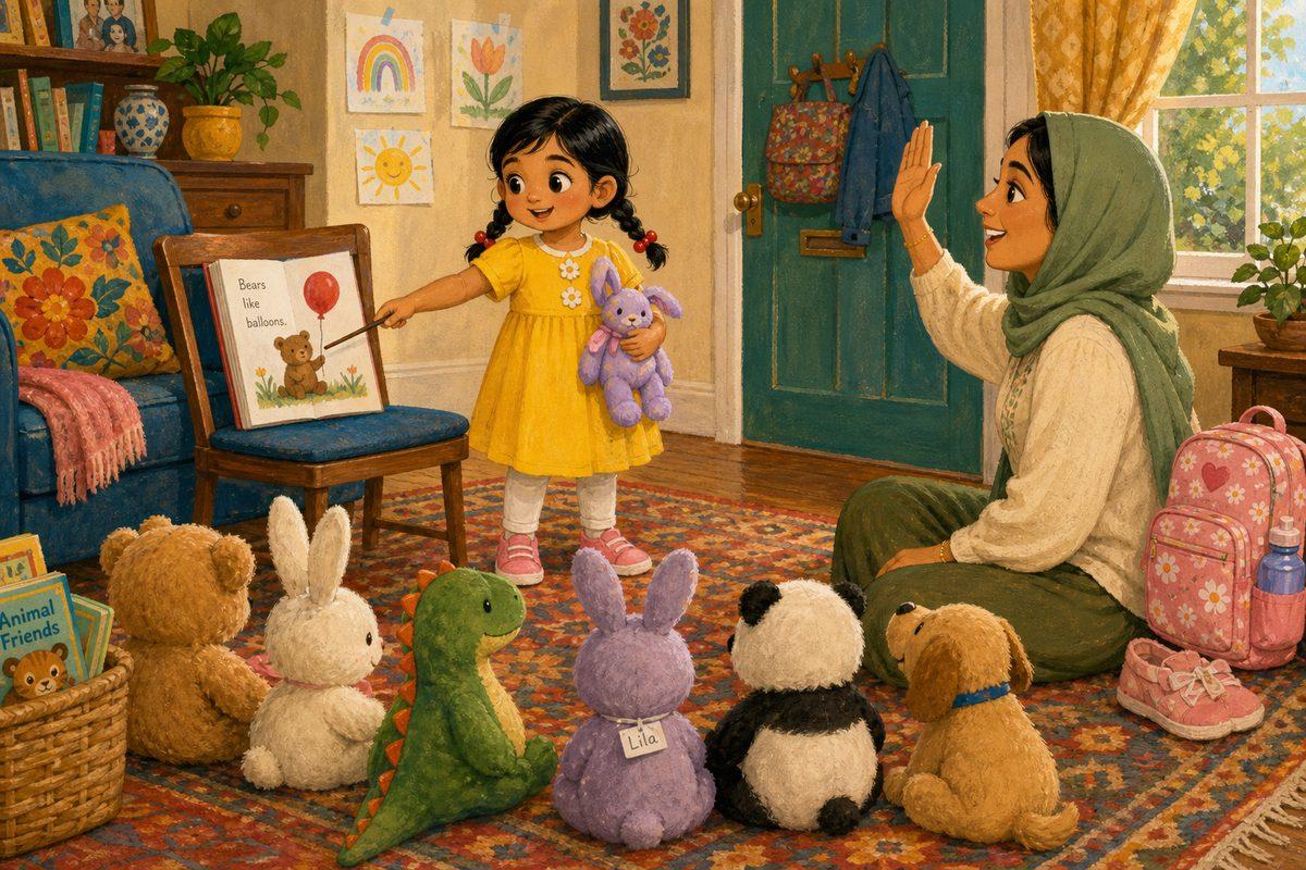 Noor plays teacher for a class of stuffed animals while her mama raises her hand as a student — rehearsing preschool through pretend play