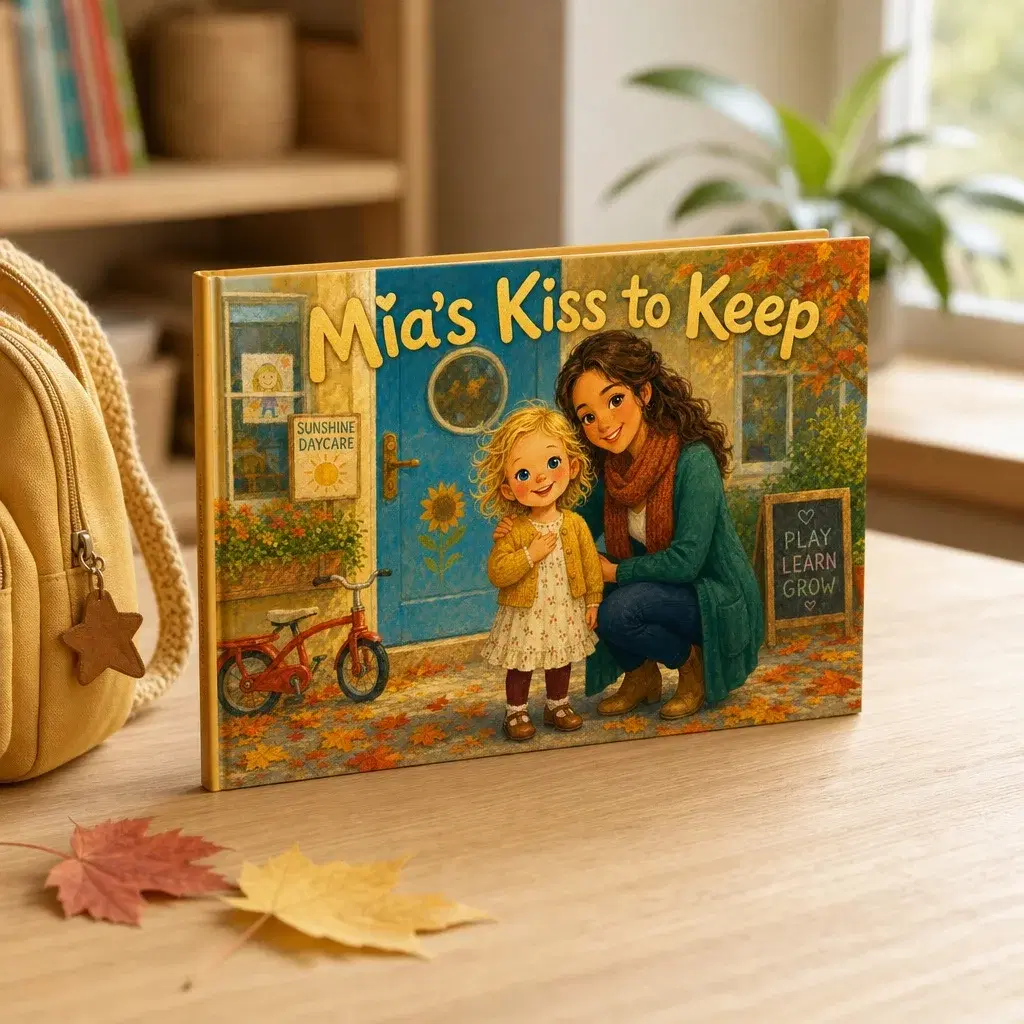 A personalized goodbye-ritual storybook resting closed on a table beside a fallen autumn leaf