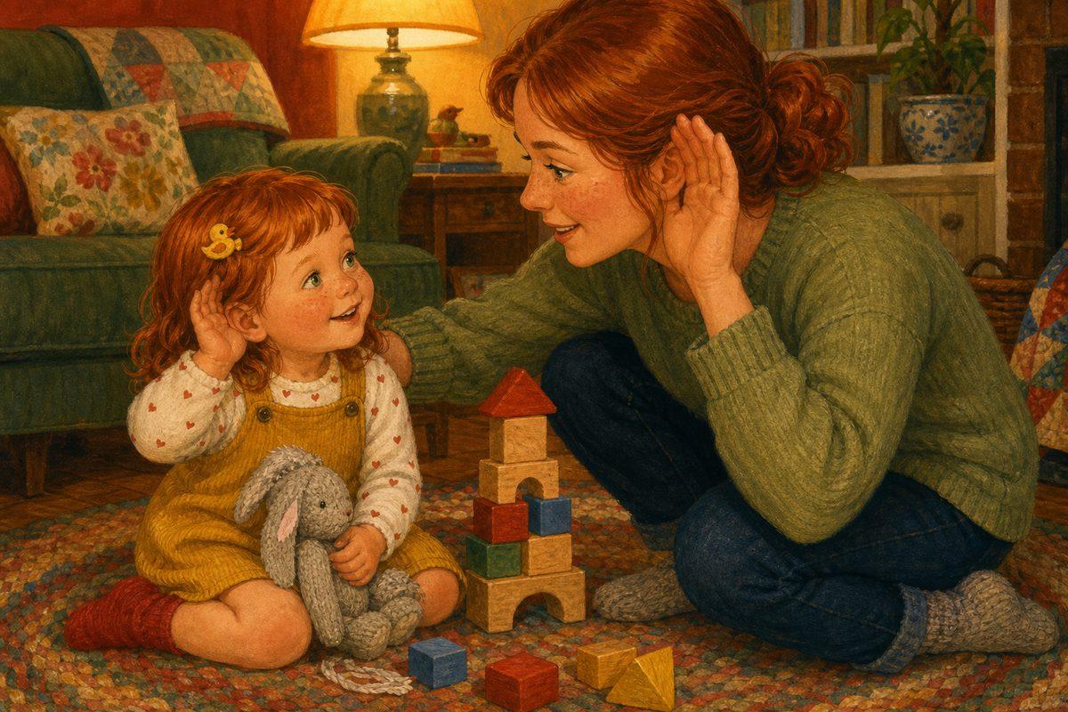 Poppy’s mother comes close and crouches to her eye level, and they turn on their “listening ears” together — connection before direction, as a game
