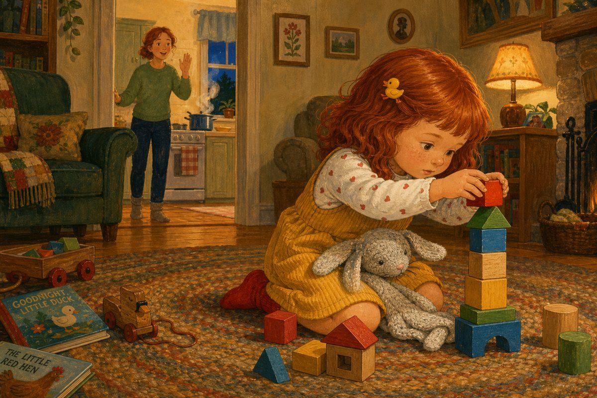 A toddler so absorbed in stacking blocks she doesn’t hear her mother calling from the kitchen doorway — why toddlers don’t listen