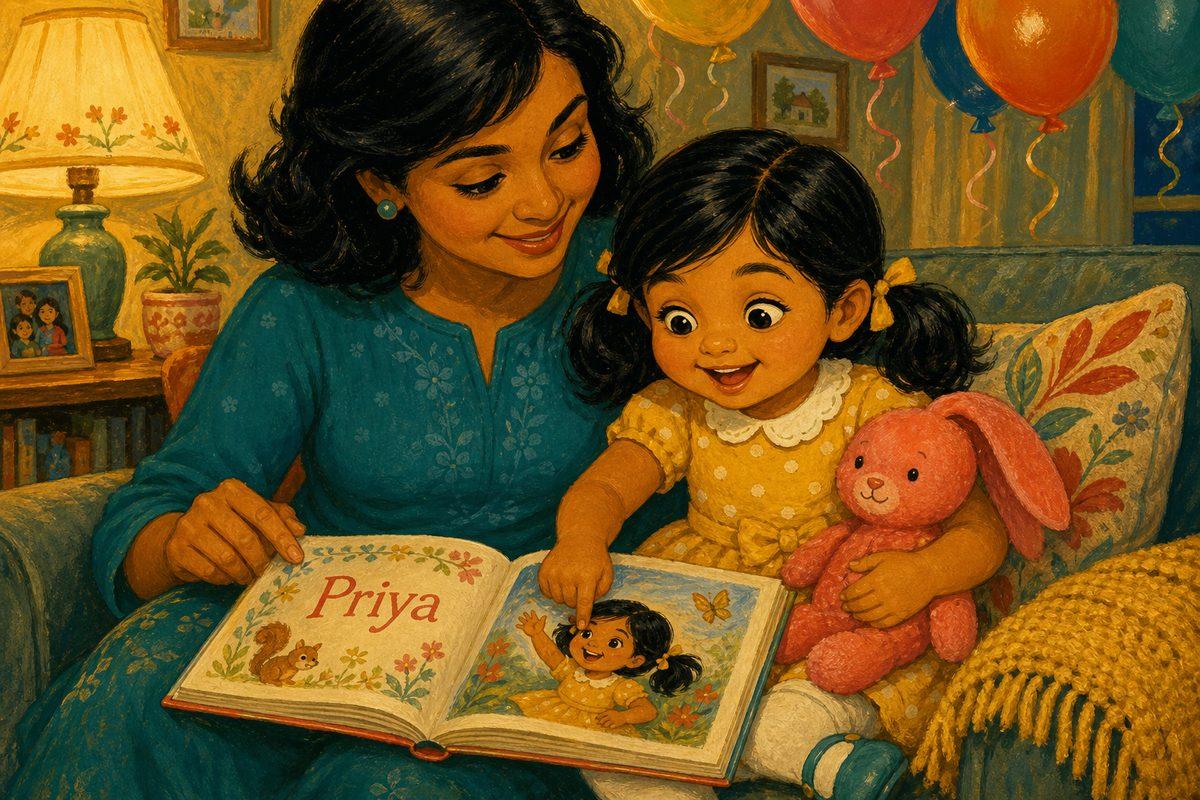 Priya, a 3-year-old South Asian girl, snuggles with a parent reading her personalized book aloud and points to the storybook hero who looks just like her.