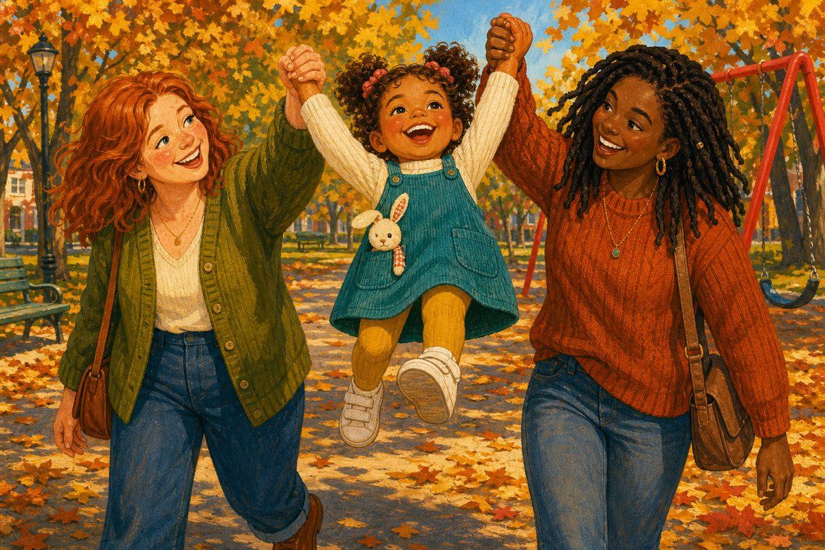 Remi, a four-year-old girl, laughs as her two moms swing her up by both hands on a sunny autumn walk through the park.