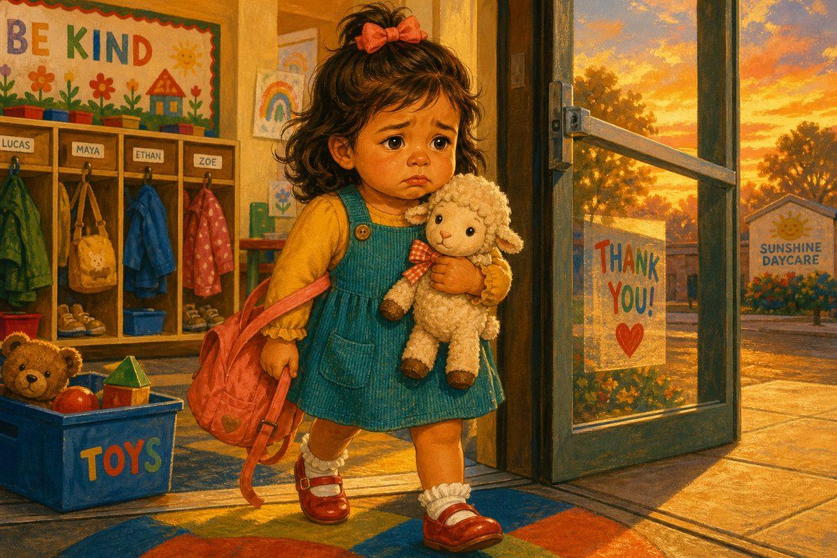 Sofia, a 2-year-old Latina girl, trudges out the daycare door at pickup hugging her stuffed lamb, wrung out after a long day — the after-daycare meltdown.