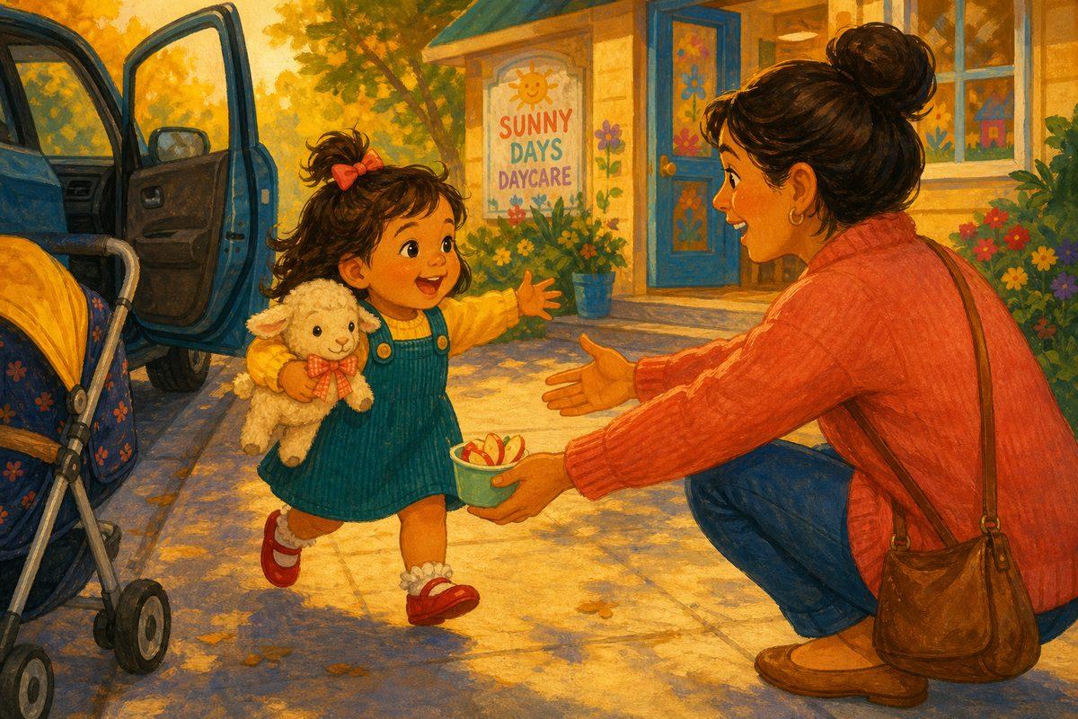 Sofia's grown-up kneels down to her level with open arms and a snack at daycare pickup, reconnecting before any questions — the first-ten-minutes reunion ritual.