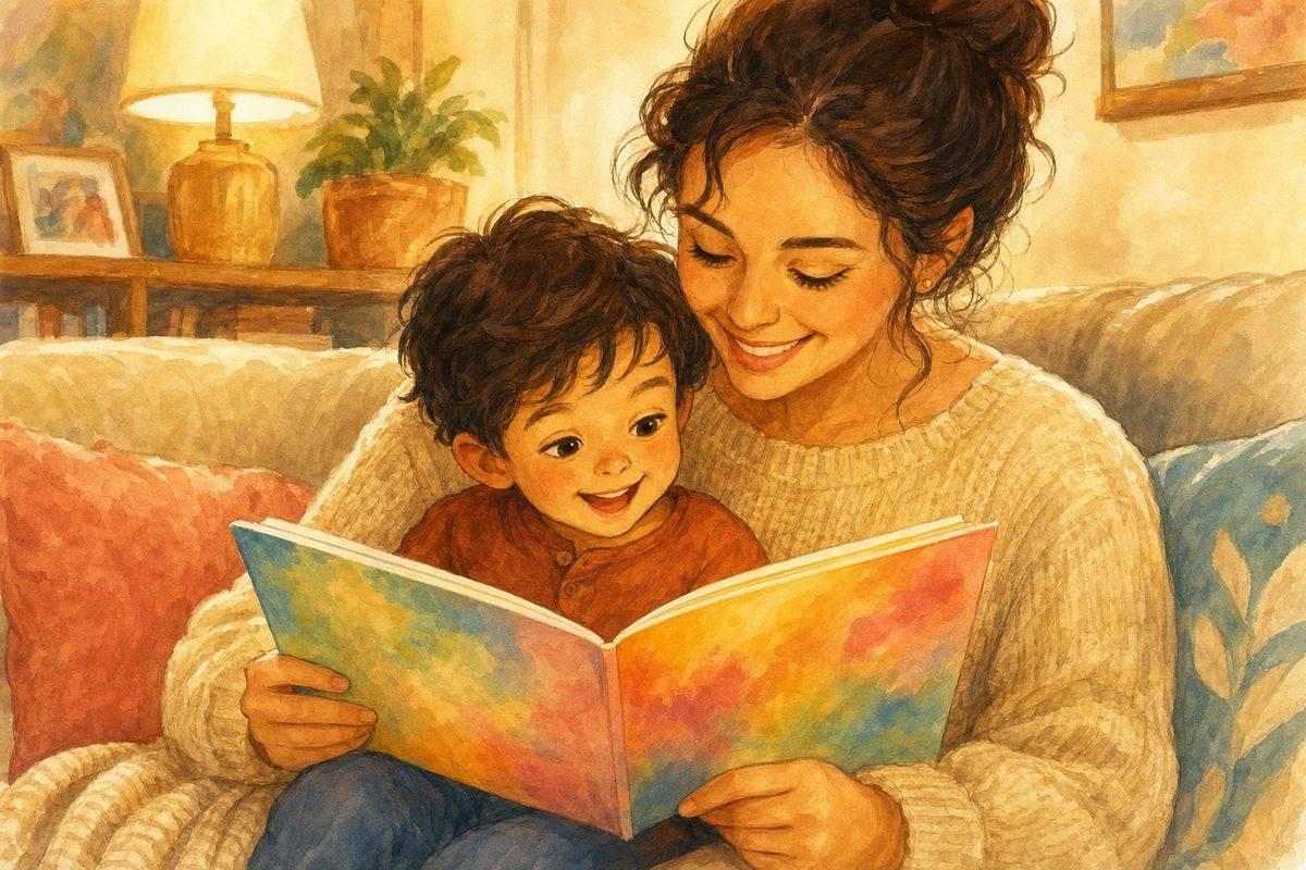 A warm PlotJoys storybook illustration — a child and their family