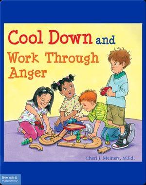 Cover of “Cool Down and Work Through Anger” by Cheri J. Meiners — four young children building a wooden train set together on the floor.