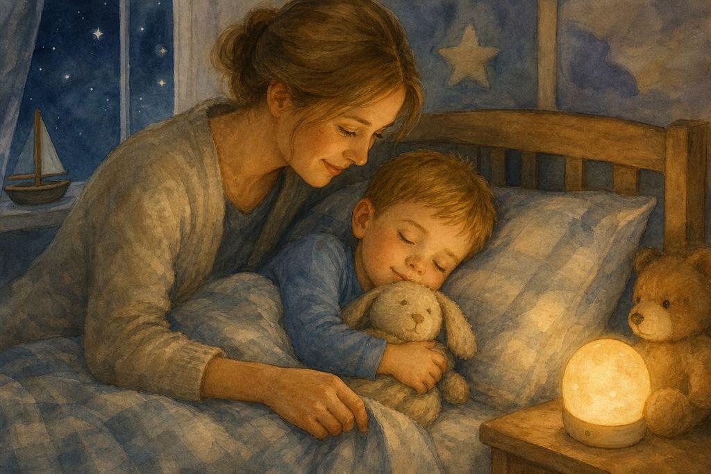 A toddler boy settles at bedtime with a lovey and a soft nightlight, a parent close by