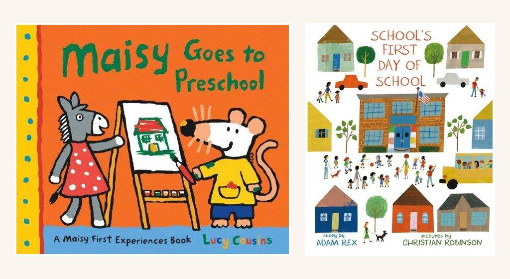 Book covers of Maisy Goes to Preschool by Lucy Cousins and School’s First Day of School by Adam Rex
