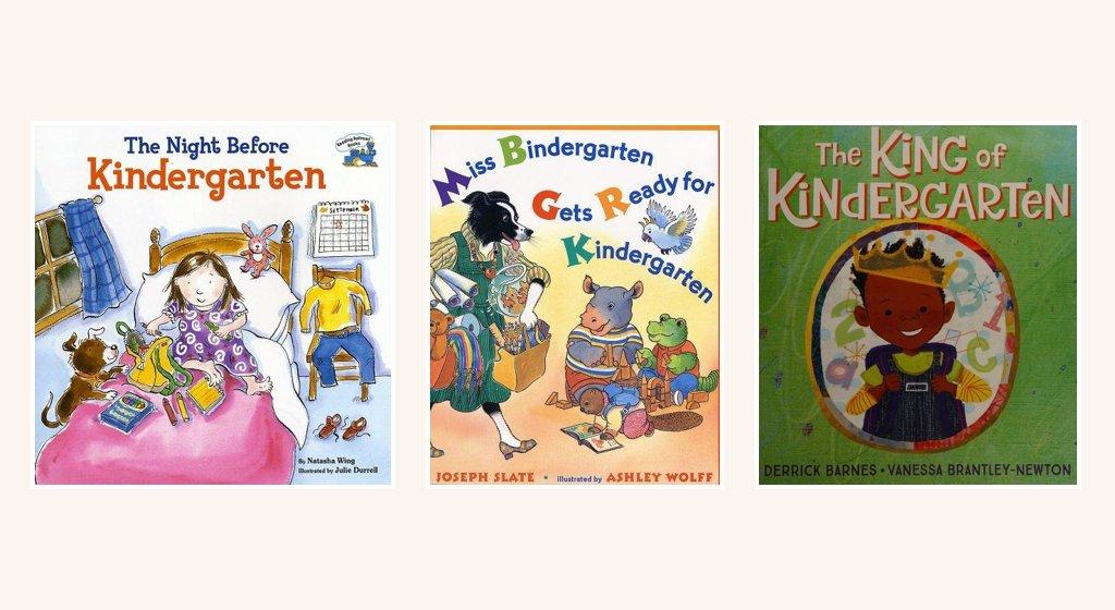 Book covers of The Night Before Kindergarten by Natasha Wing, Miss Bindergarten Gets Ready for Kindergarten by Joseph Slate, and The King of Kindergarten by Derrick Barnes