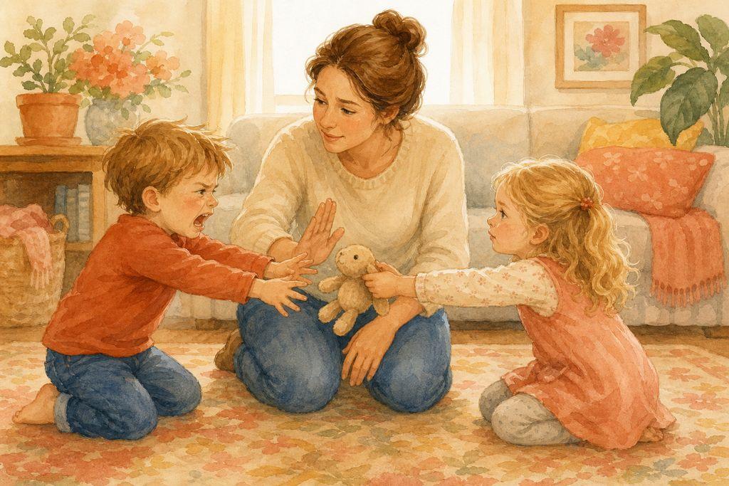An upset little boy reaches for a toy a playmate is holding while a calm parent steps in with a gentle hand between them