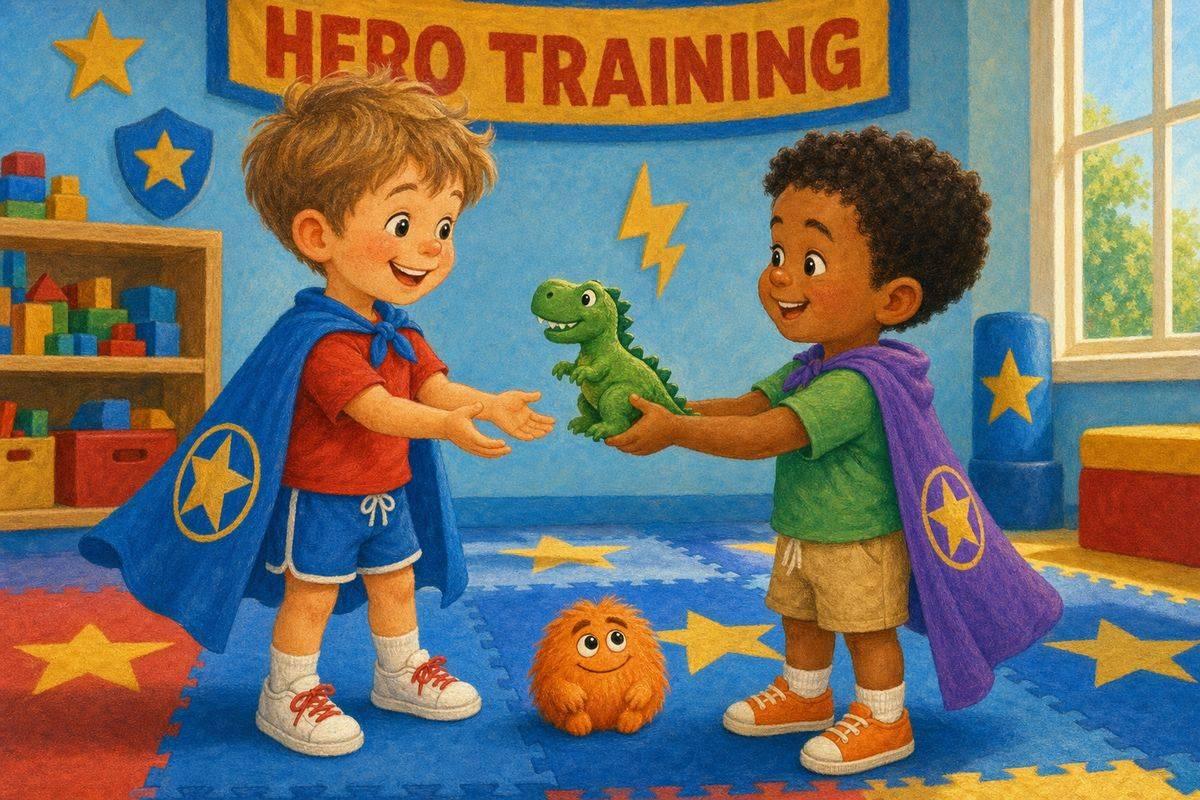 Two preschool boys in superhero capes trade a toy dinosaur with gentle hands instead of grabbing — from a real PlotJoys “gentle hands” story