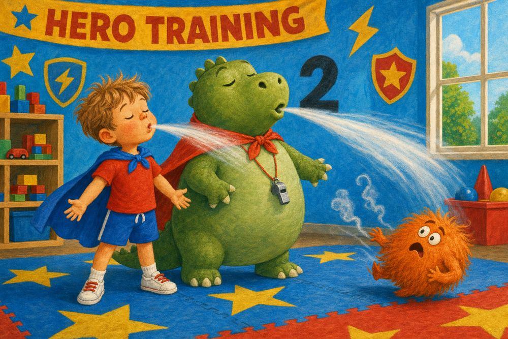 The boy takes one big, slow “dragon breath” beside his friendly dinosaur coach to let the mad feeling out