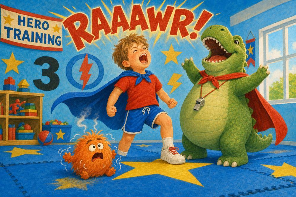 The boy stomps and roars to blast the mad feeling out, his dinosaur coach cheering him on