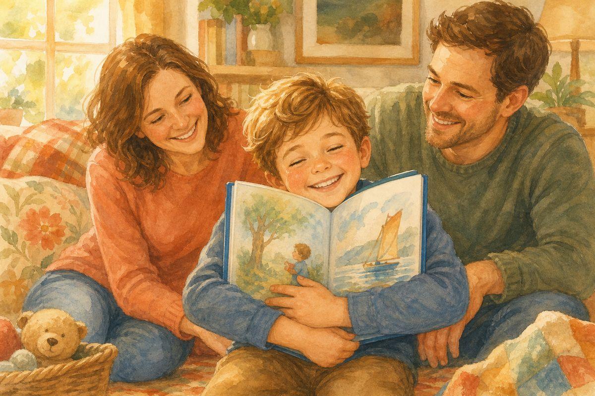 A happy young boy hugs his own personalized storybook, beaming — a keepsake gift, not another toy