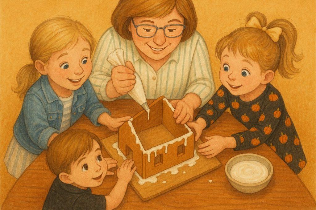 Four pairs of hands raise the gingerbread walls, sticking them together with sweet white icing
