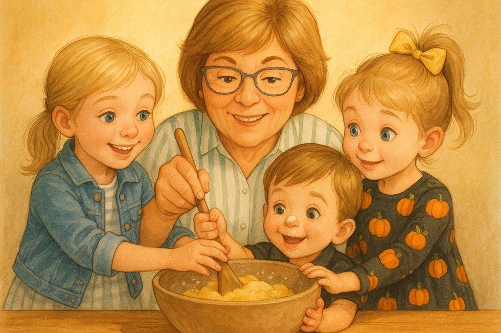 “Mix, bake, decorate!” — Grandma Karen and all three grandchildren stir the golden gingerbread dough together