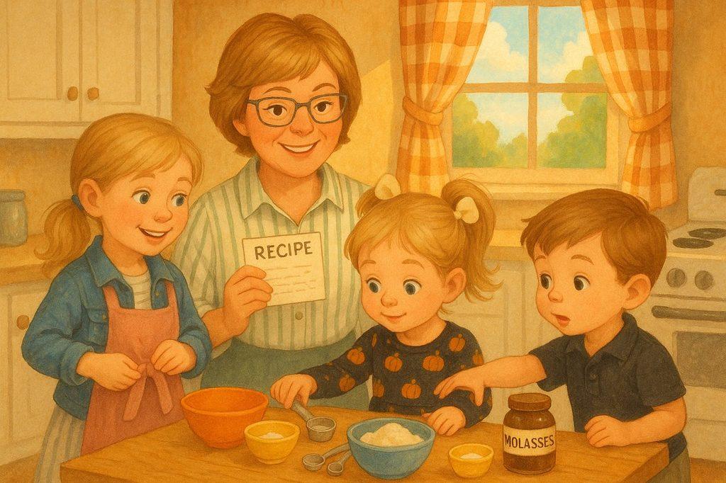 Grandma holds up the family recipe card as three grandchildren gather around the kitchen table with bowls and molasses