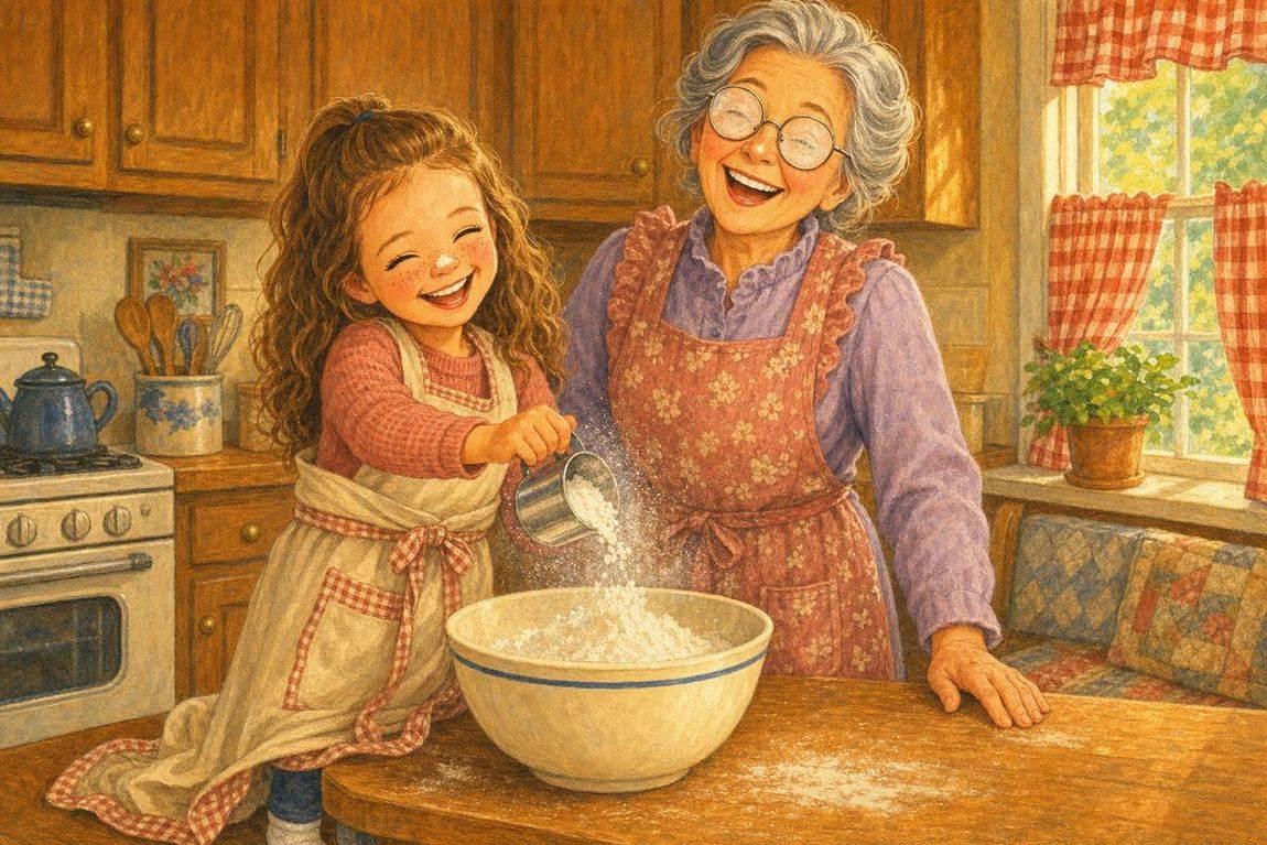 A puff of flour lands on Nora’s nose — grandma and granddaughter mid-giggle, mid-tradition