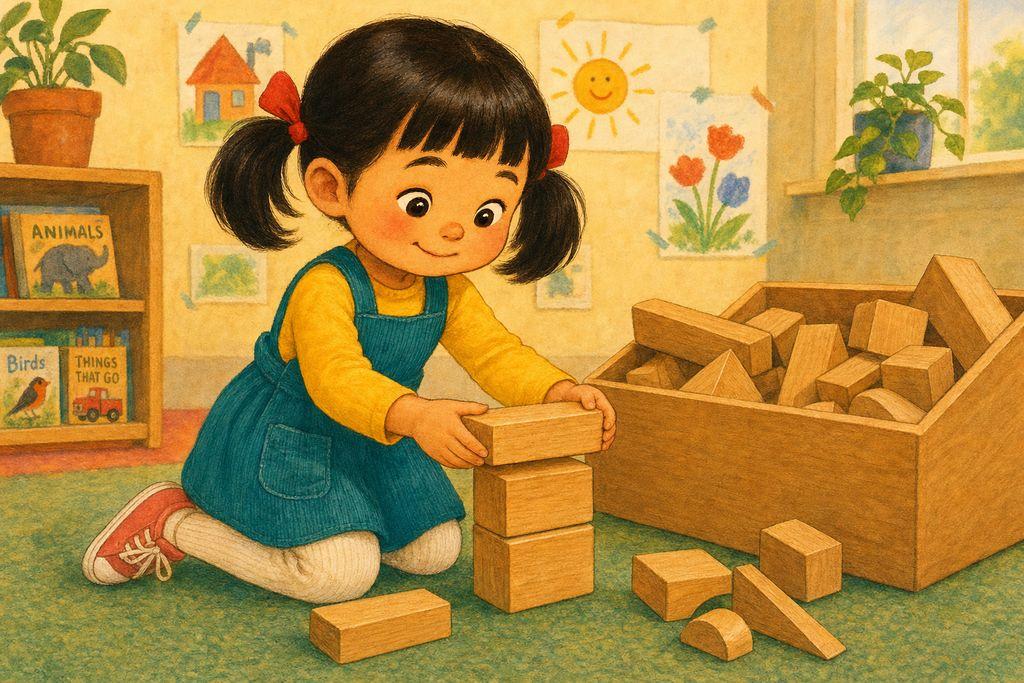JiaLin is brave and starts building with blocks — a good day can still begin