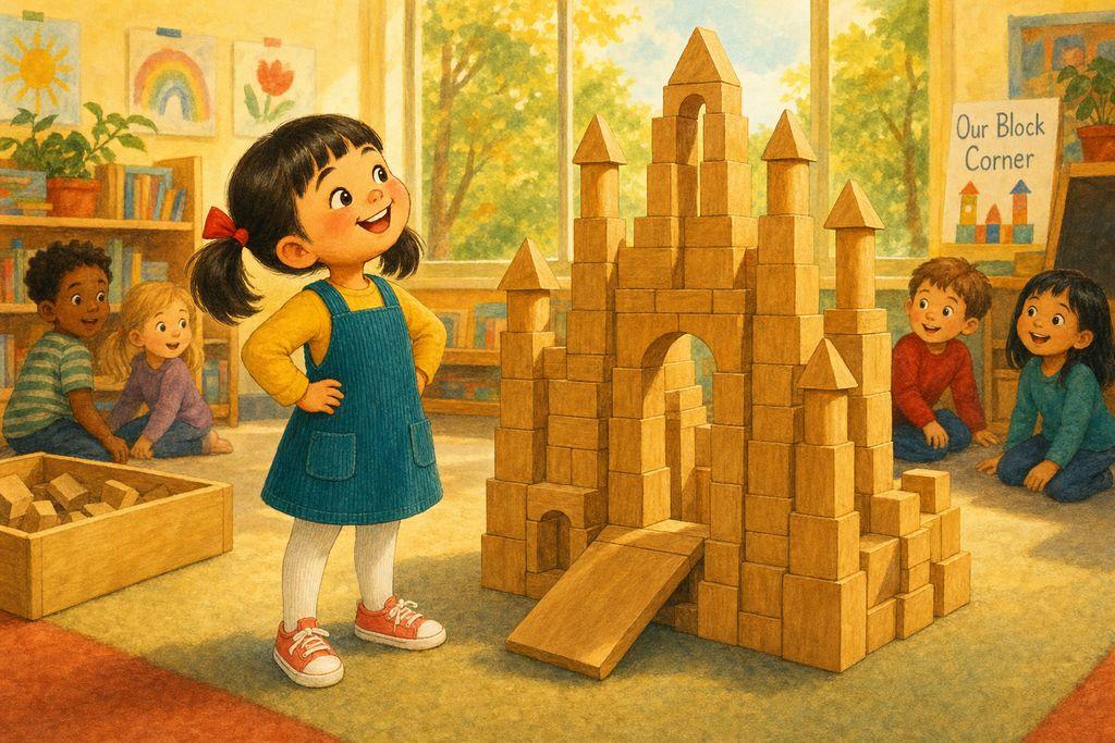 JiaLin stands proud beside the grandest block castle in the room — her good day is taking shape