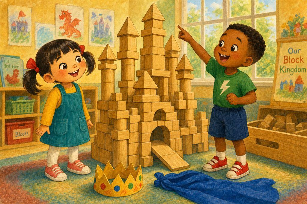 JiaLin beams beside her block castle as a new friend points in delight and asks to play