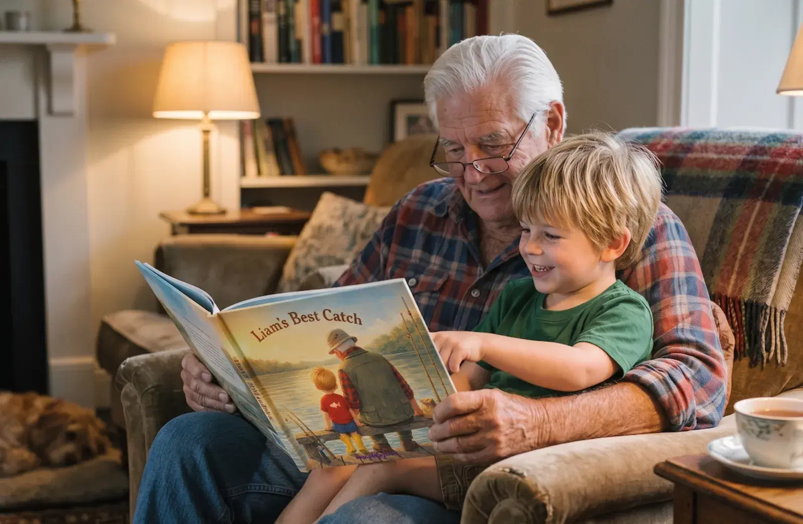 A grandfather reads a personalized storybook to his delighted grandson on a cozy armchair — the keepsake kind of gift