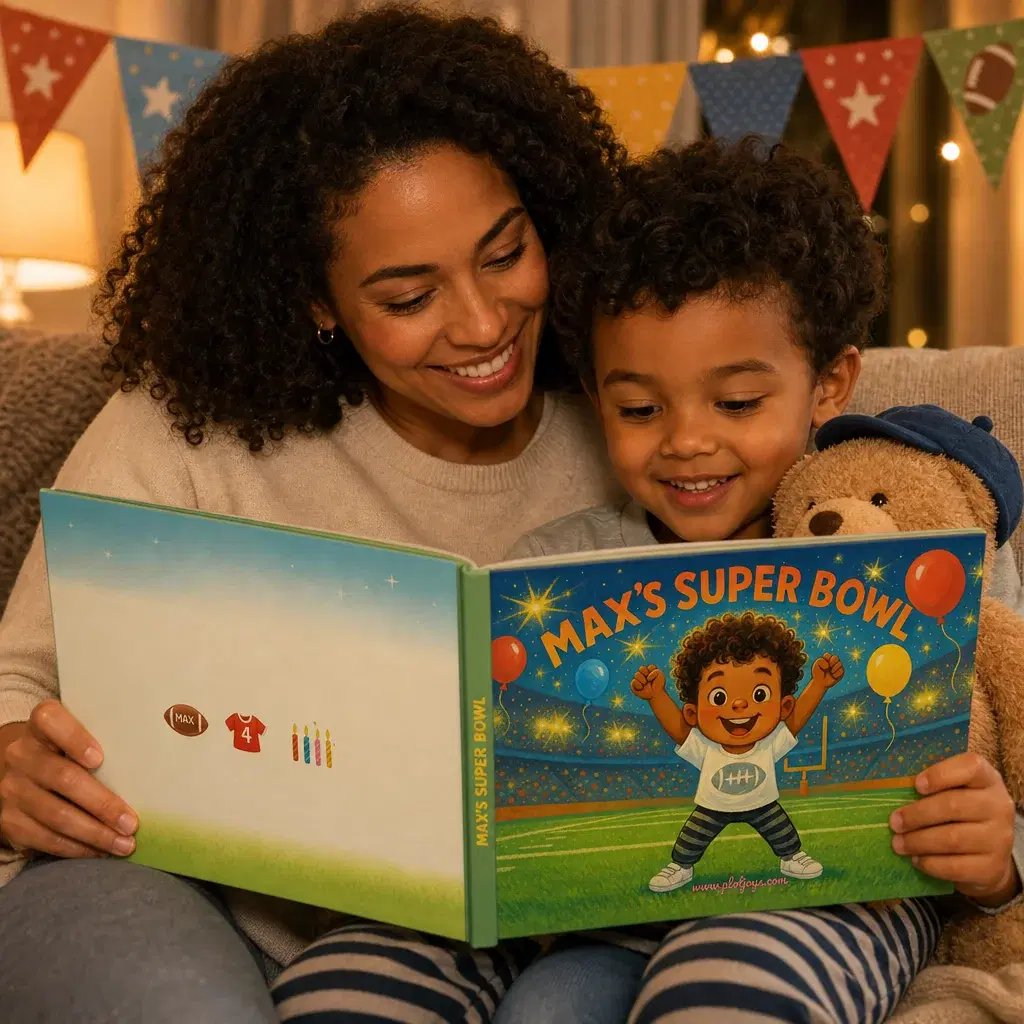 A mom and her son reading his personalized Max’s Super Bowl book under birthday bunting, his teddy tucked in beside them