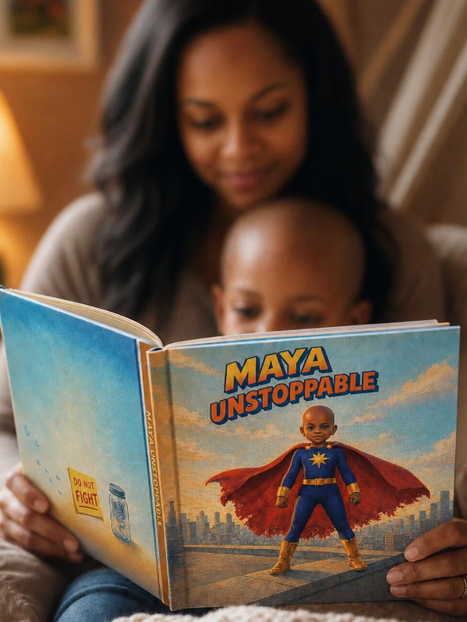 A mom and her child reading the personalized superhero storybook 'Maya Unstoppable' together