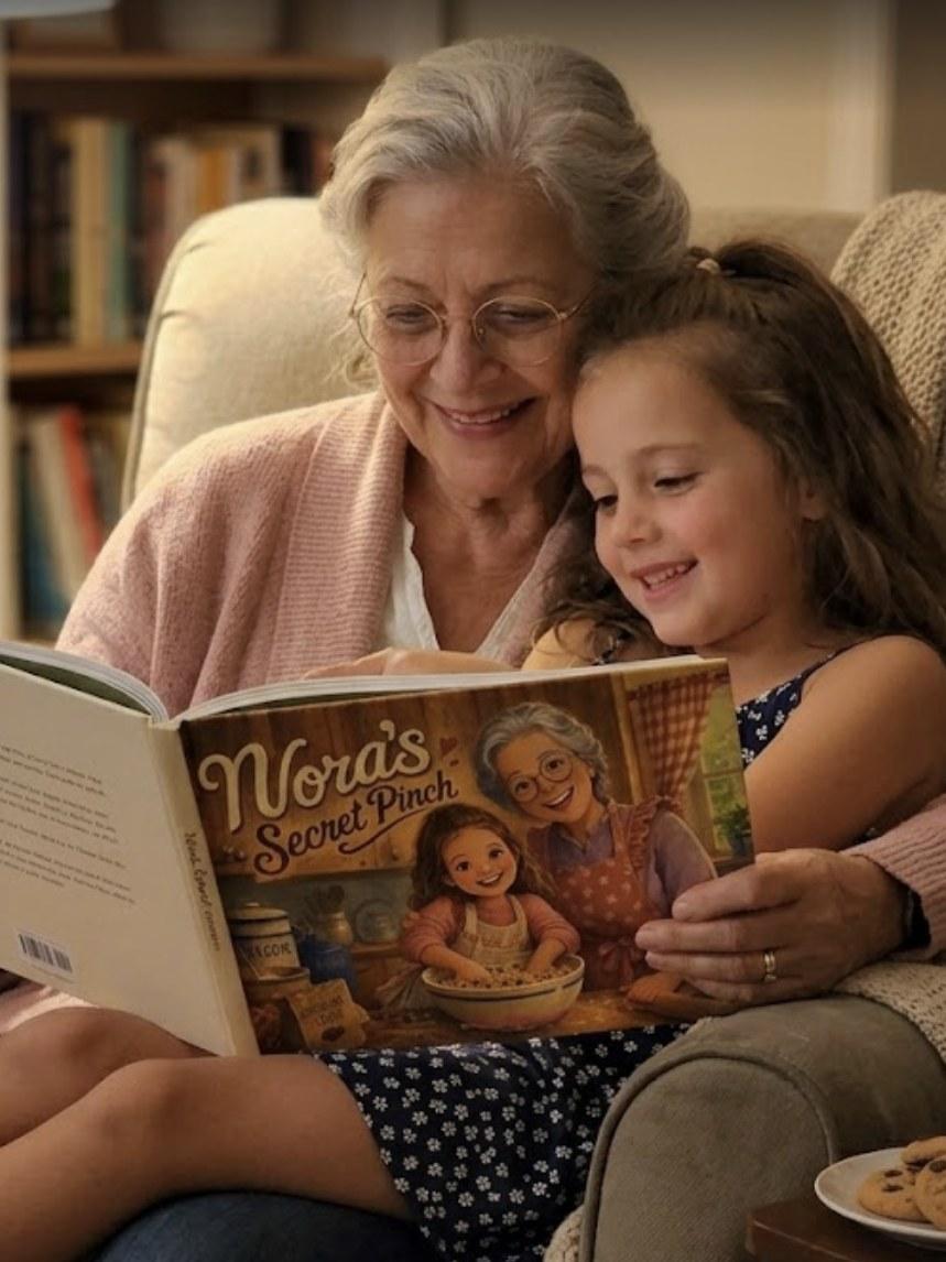 A grandma and her granddaughter reading their personalized storybook 'Nora's Secret Pinch' together