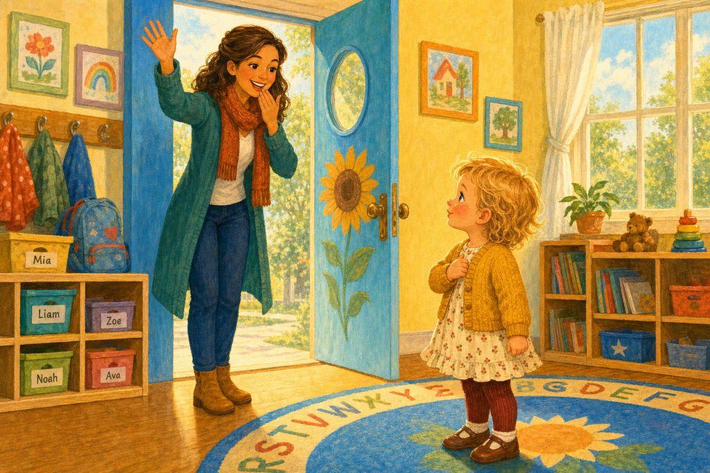 A little girl gives a big brave wave goodbye at the classroom door on her first morning