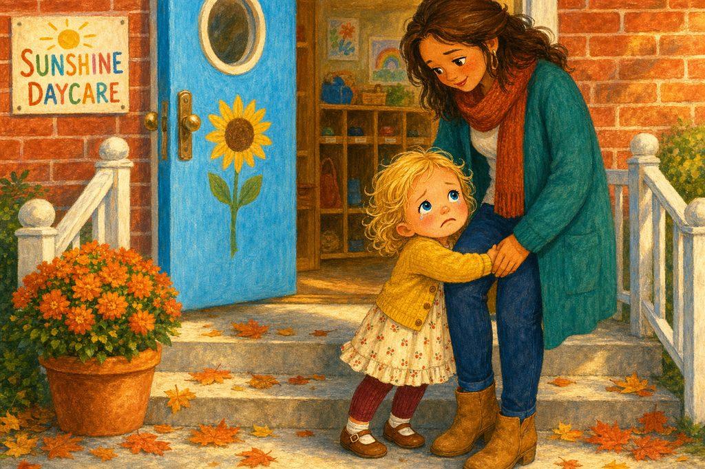 A teary preschooler clings to her mom’s leg at the daycare steps, not ready to let go