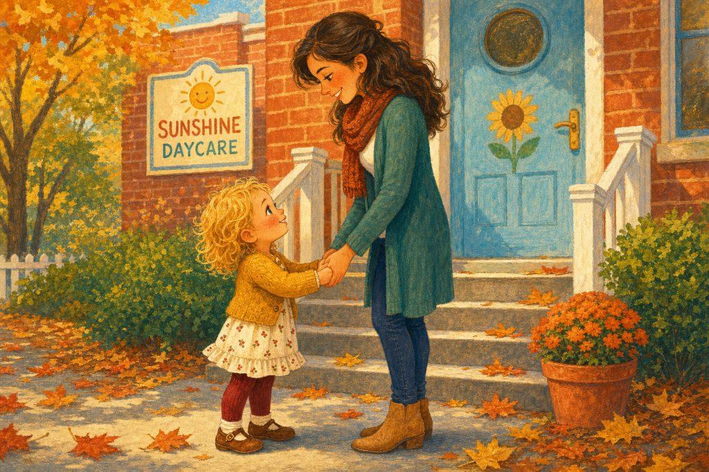 A toddler holds her mom’s hands tightly on the walk up the daycare steps, autumn leaves underfoot