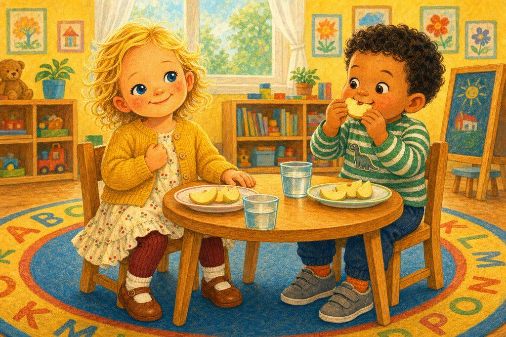 At snack time Mia presses the kiss in her palm — “Mommy always comes back”