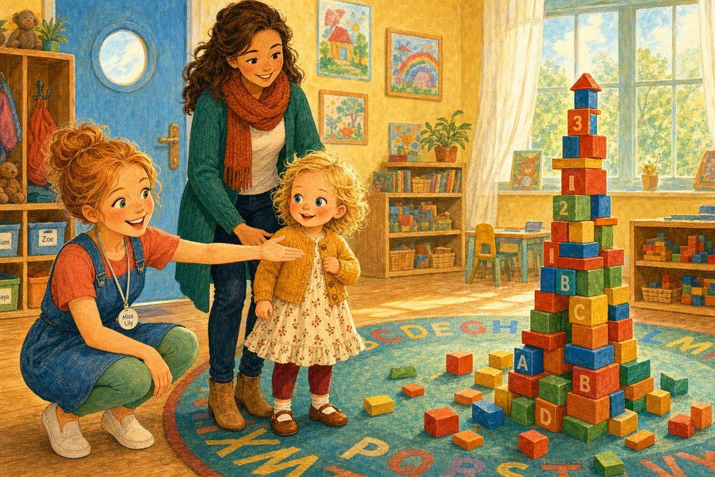 Mia smiles as her teacher warmly welcomes her to the block tower at daycare, her mom beside her
