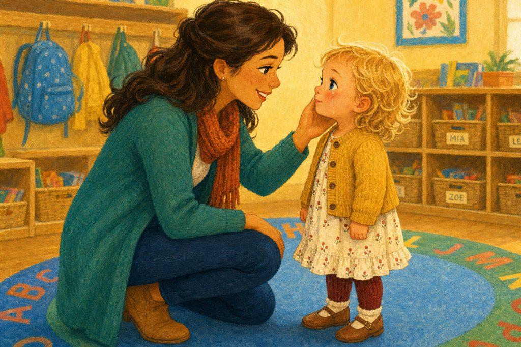 A mom gently cups her teary daughter’s cheek in the preschool cubby room, meeting her eyes
