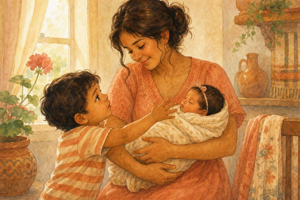 A 2-year-old reaches up to be held while a parent gently holds a newborn — the new-sibling wobble