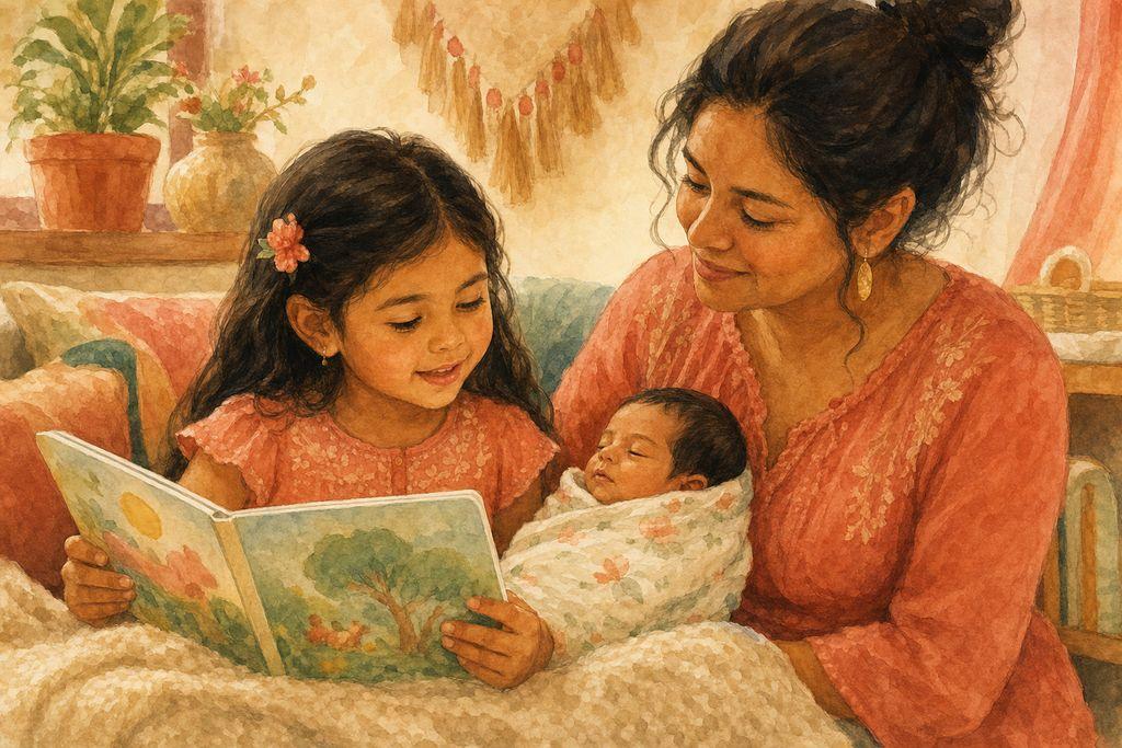 A smiling big sister reads a picture book to her swaddled newborn sibling while their mom watches warmly