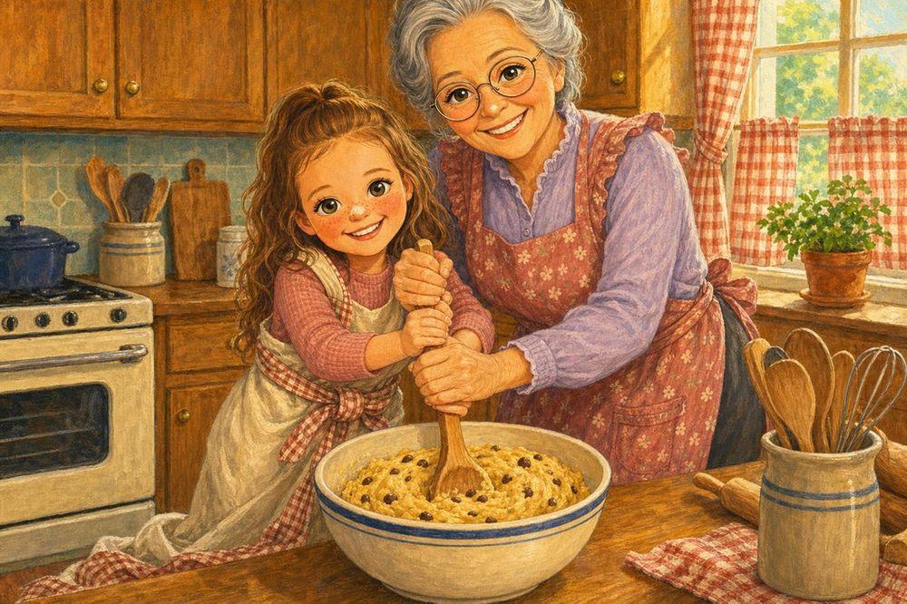 Four hands on one wooden spoon as Nora and Grandma stir the dough together