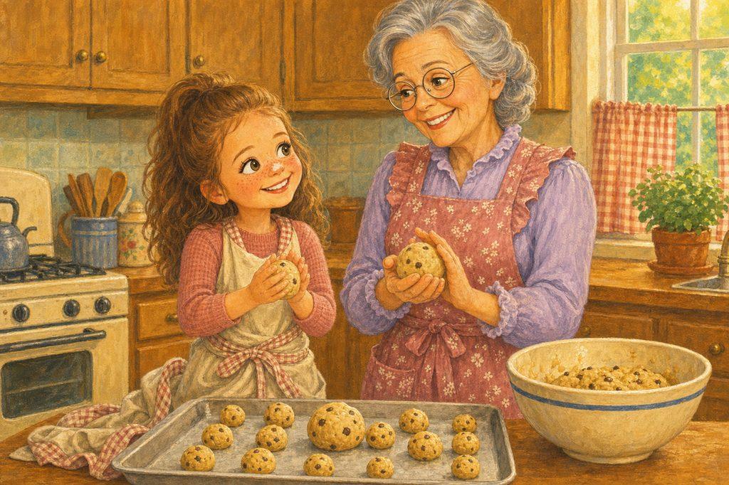 A granddaughter and her grandmother rolling cookie dough into little balls side by side, both smiling