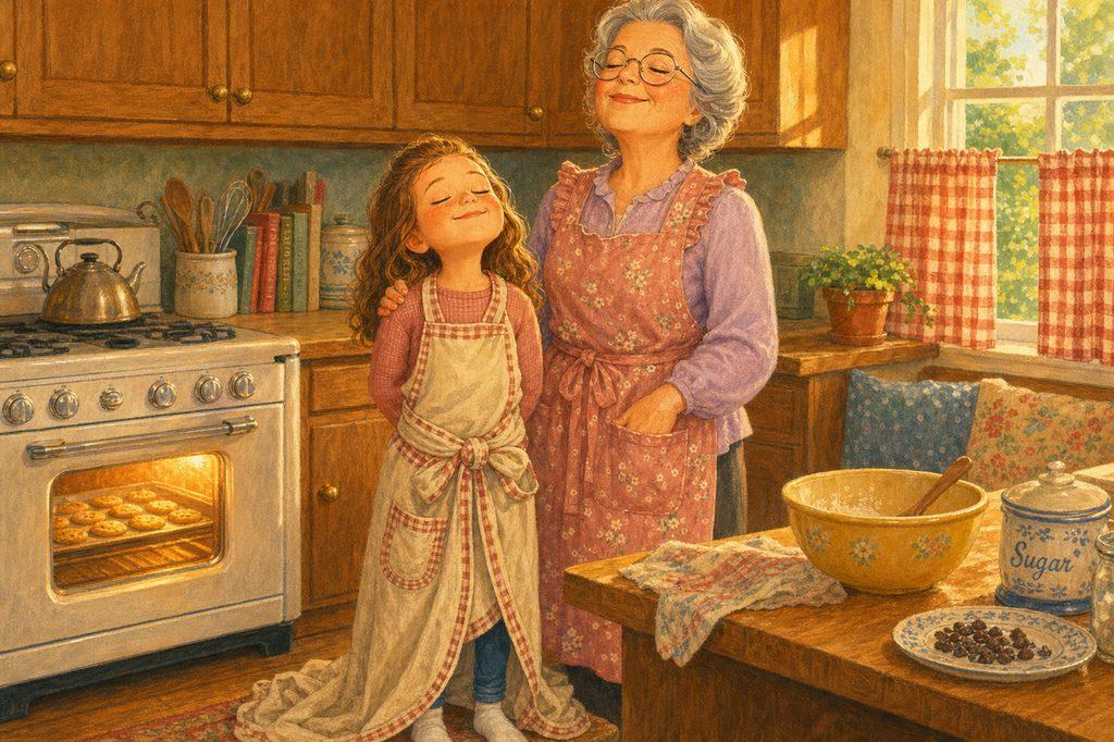 A grandmother and granddaughter stand side by side with eyes closed, breathing in the smell of cookies baking in the warm kitchen
