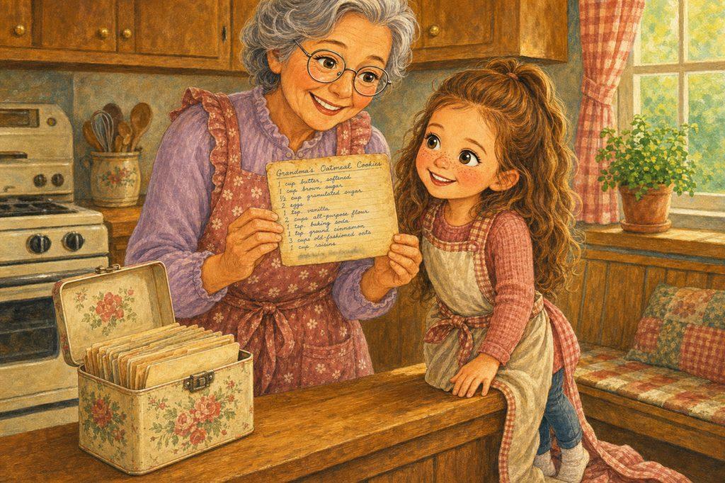 Grandma lifts the old, yellowed recipe card from her floral tin box as Nora watches, wide-eyed