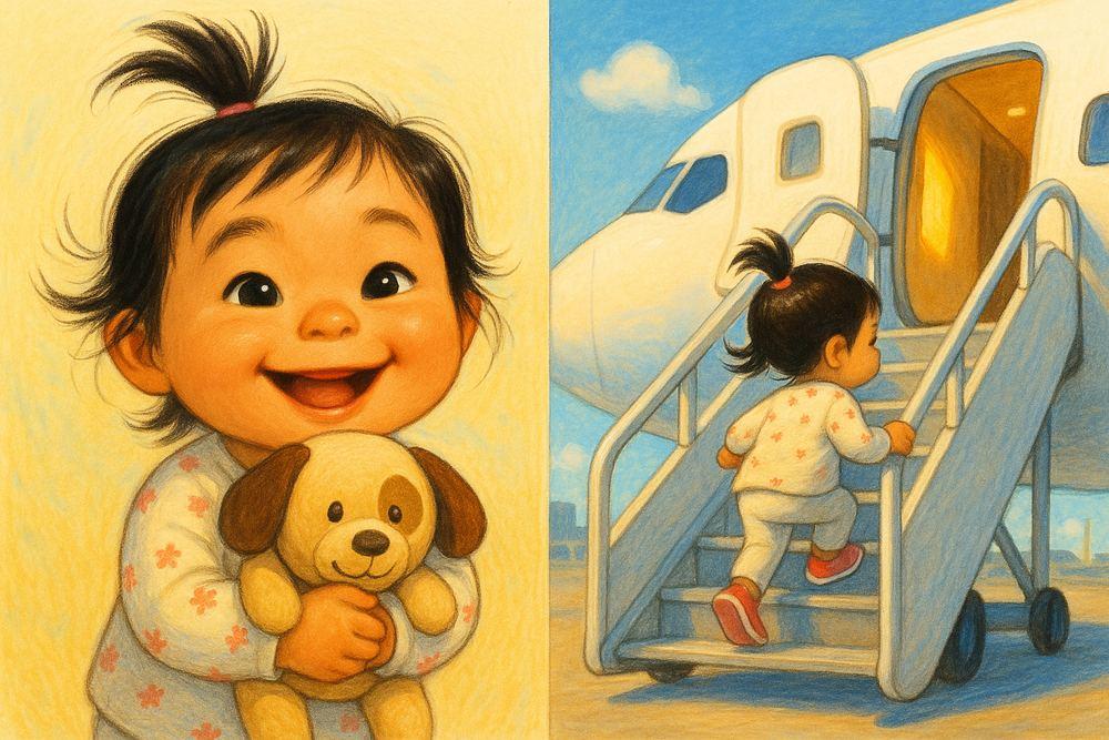 A little girl hugs her stuffed puppy, then climbs the airplane stairs to begin her adventure