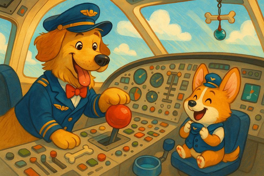 Two friendly pilot dogs — a golden retriever captain and a corgi co-pilot — at the plane’s cheerful controls