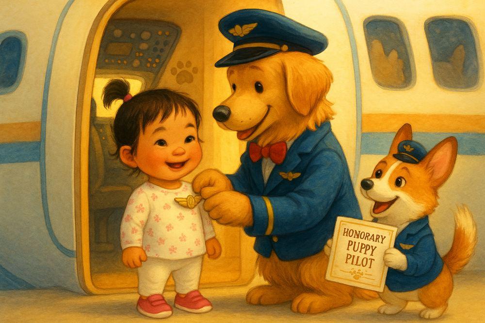 The pilot dog pins an honorary-pilot badge on the beaming little girl