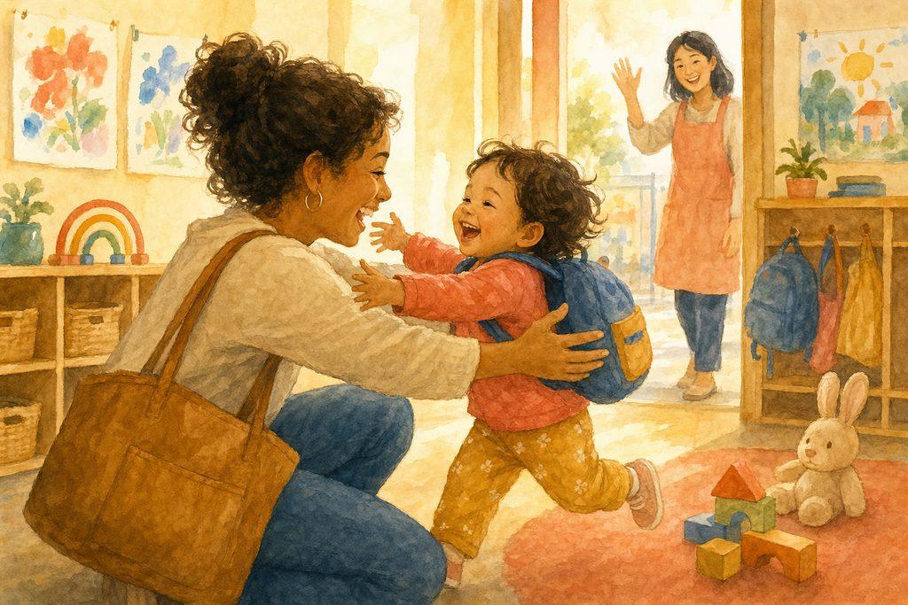 A joyful daycare-pickup reunion: a beaming toddler running into a kneeling parent’s open arms