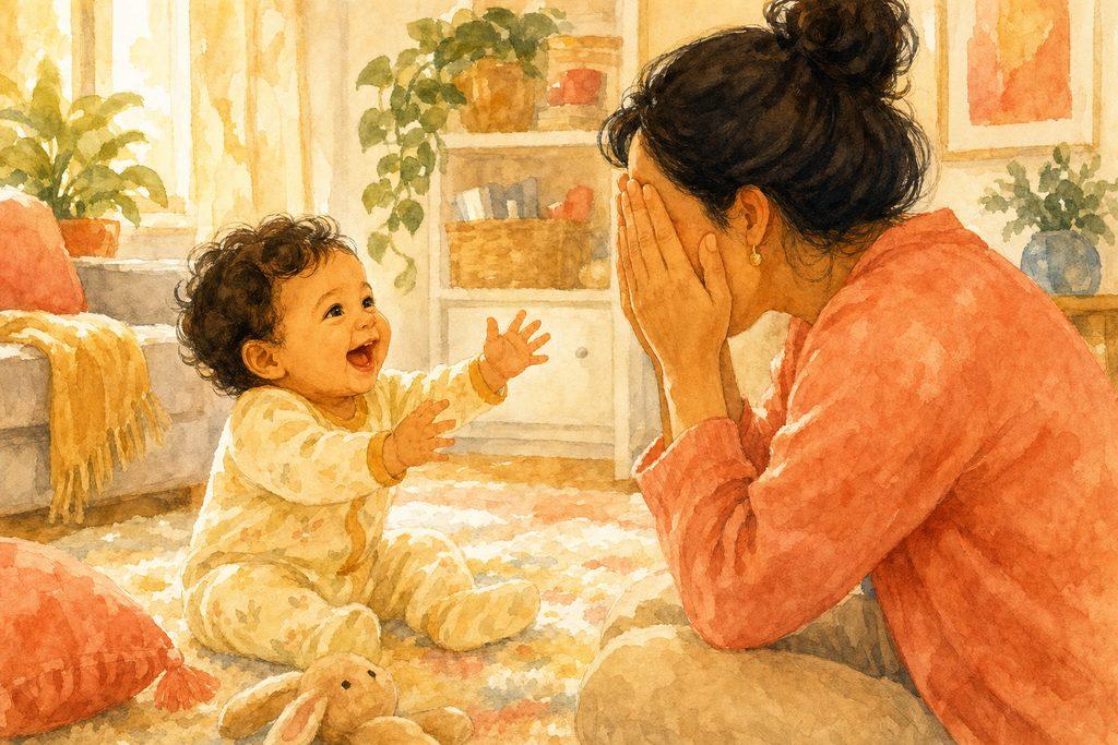 A baby and a parent playing peekaboo on a soft rug, the baby reaching out, delighted